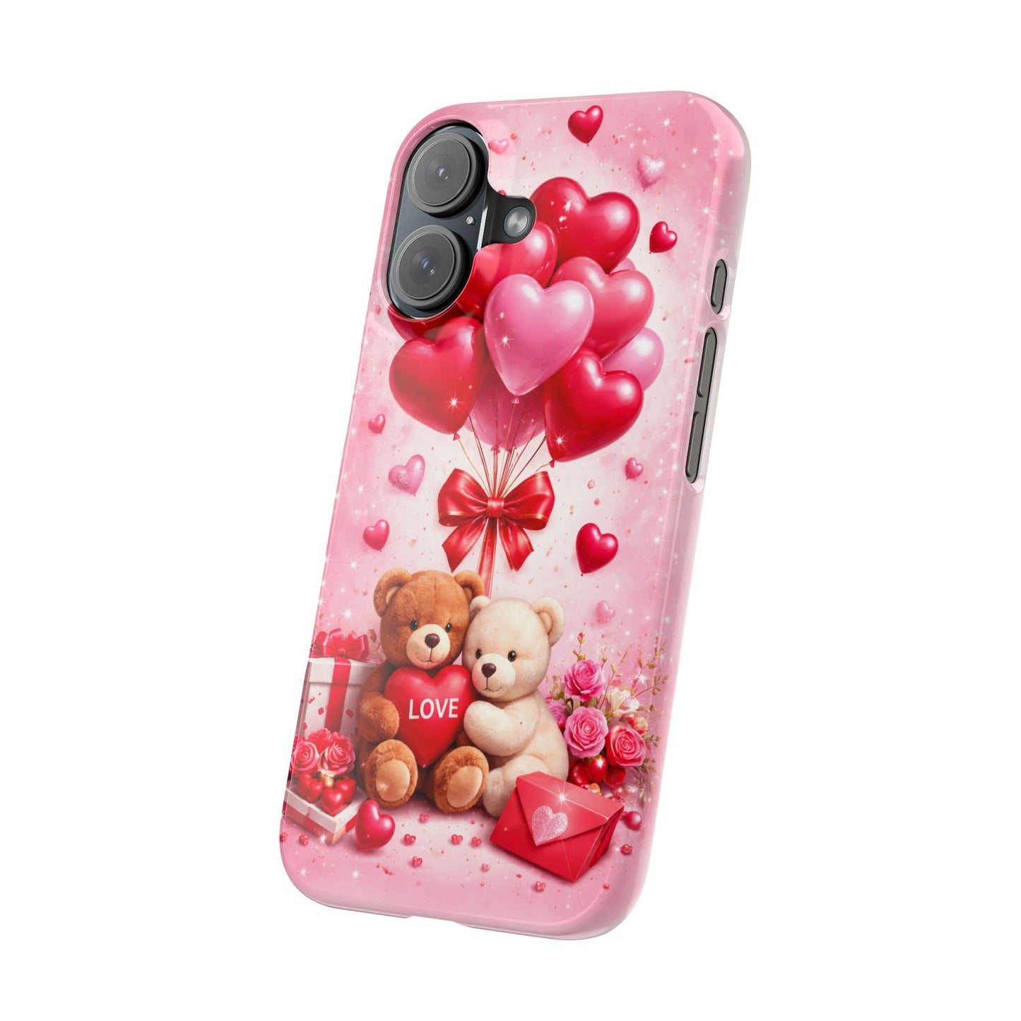 Phone Case — Cute Valentine Teddy Bears with Heart Balloons (Slim Case)