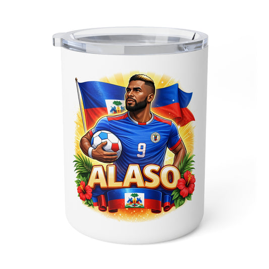 Alaso Haiti Soccer Insulated Coffee Mug — 10oz Travel Tumbler with Haitian Flag Design